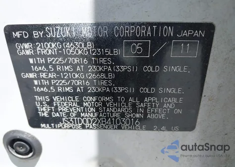 2011 Suzuki Grand Vitara Premium/Premium W/Alloy Wheels z USA, uszkodzony, nr VIN JS3TD0D2XB4103016